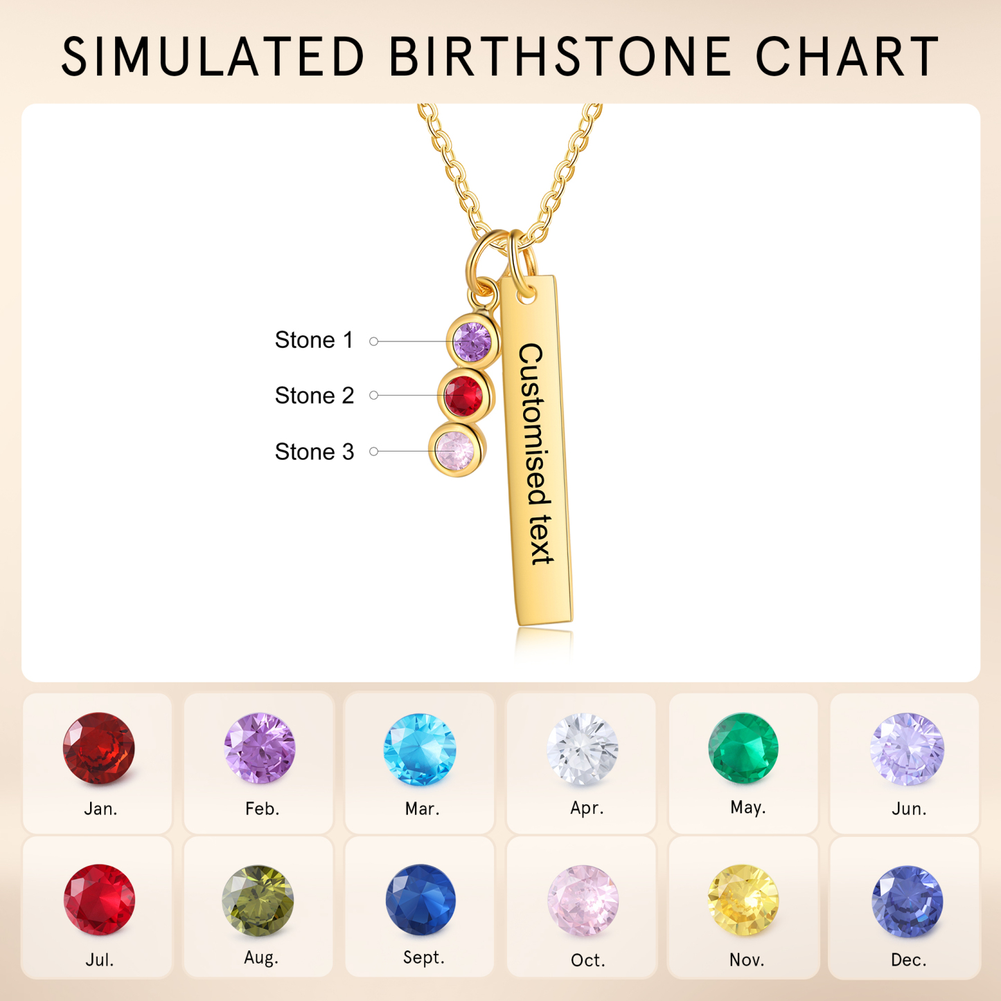 Personalised Bar Pendant Necklace Custom 3 Birthstones & 1 Text Necklace Birthday Gift for Her-Jessemade AU
