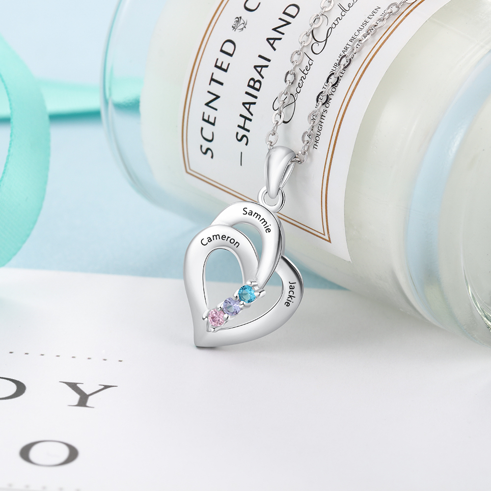 Personalised Heart Necklace With 3 Birthstones Engraved Names Gift For Her-Jessemade AU