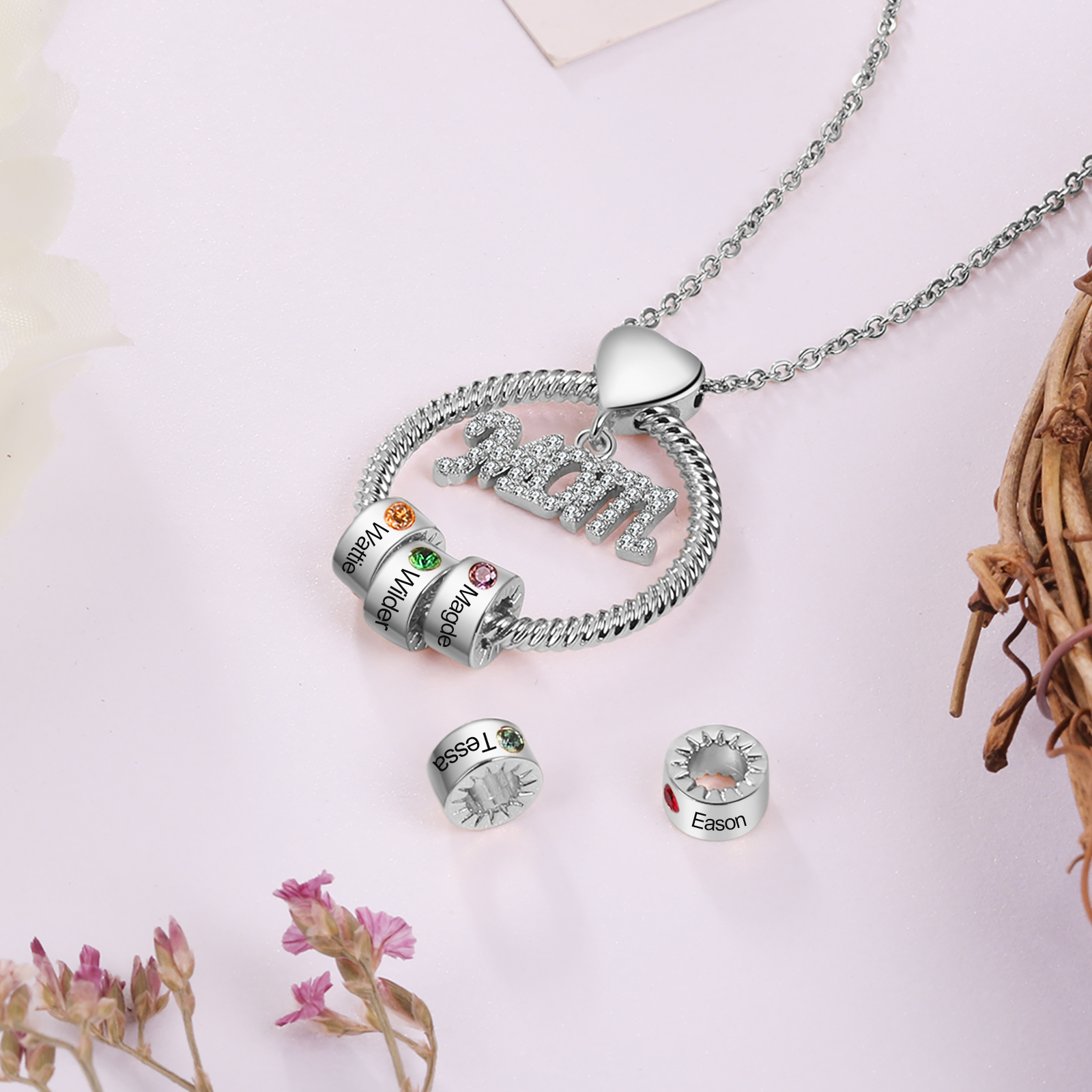 Personalised Necklace With 4 Birthstones Engraved Names Gift For Mother-Jessemade AU