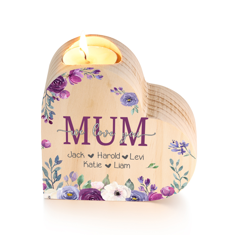 To My Mum Personalised Flower Heart Candle Holder We Love You Wooden Candlestick-Jessemade AU