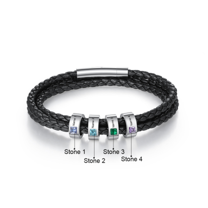 Personalised 3 Layer Leather Bracelet with 4 Beads Engraved Names Men's Bracelets for Him-Jessemade AU