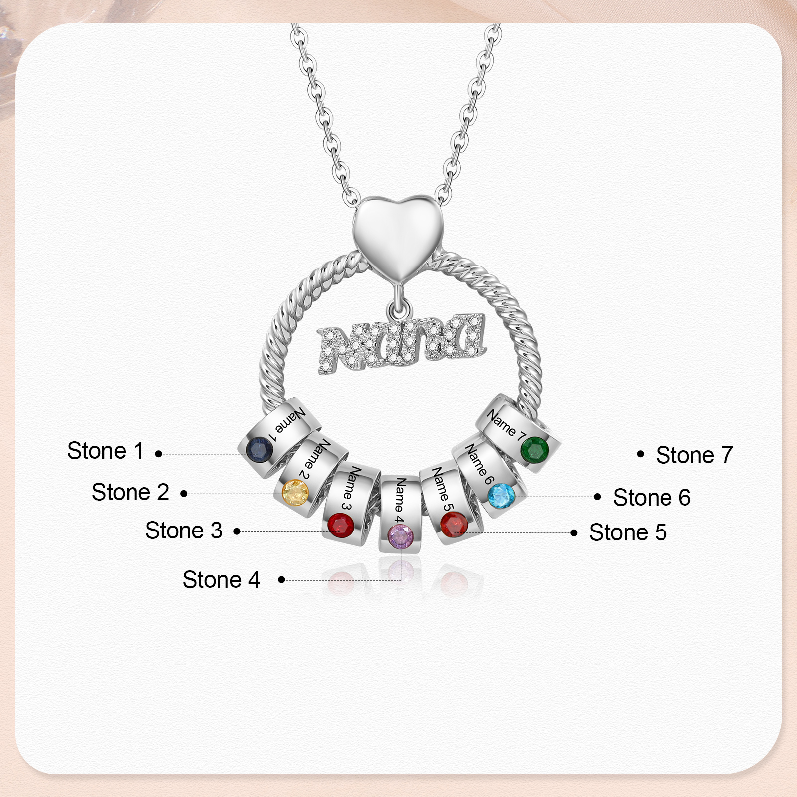 7 Names - Personalised Nana Necklace Custom Names & Birthstones Circle Pendant Necklace Gift for Grandma Nana-Jessemade AU