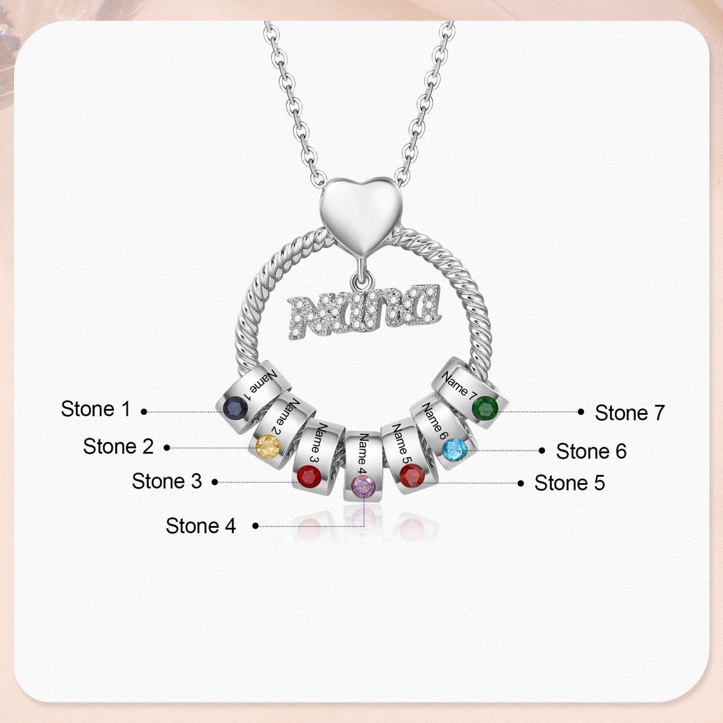 7 Names - Personalised Nana Necklace Custom Names & Birthstones Circle Pendant Necklace Gift for Grandma Nana-Jessemade AU