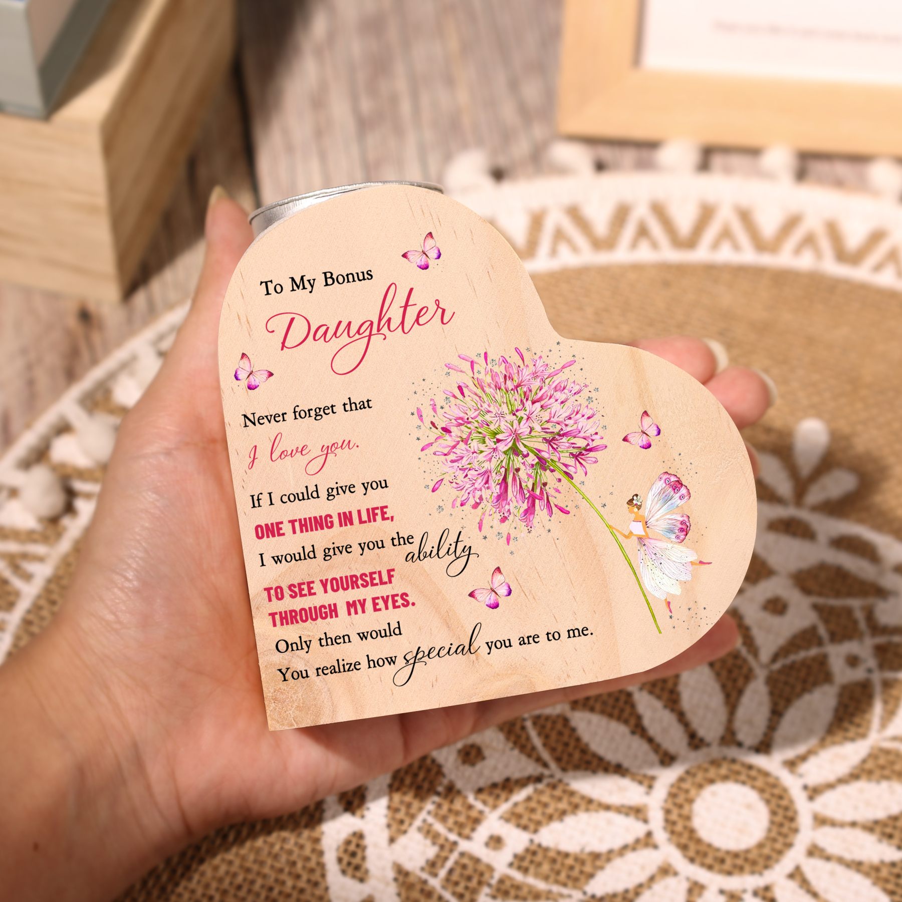 To My Daughter Heart Candle Holder "Never forget that I LOVE YOU" Wooden Candlestick-Jessemade AU