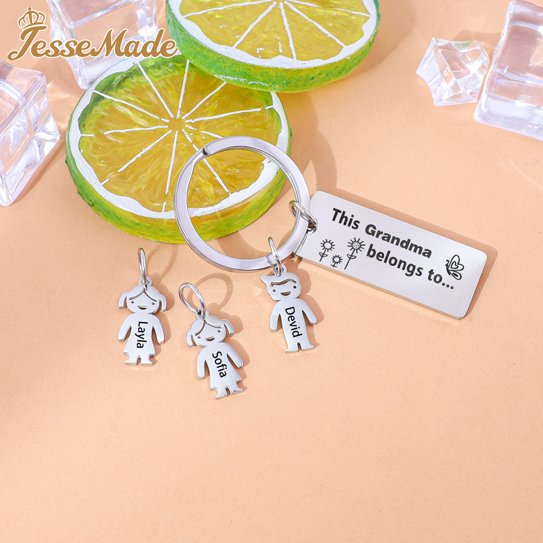 Personalised Keychain with Kid Charm Engraved 4 Names Family Keychain for Him-Jessemade AU