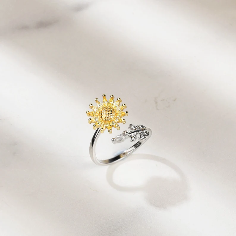 For Daughter-S925 Sunflower Fidget Ring Anxiety Spinning Ring" It Can Drive Away Your Anxiety"-Jessemade AU