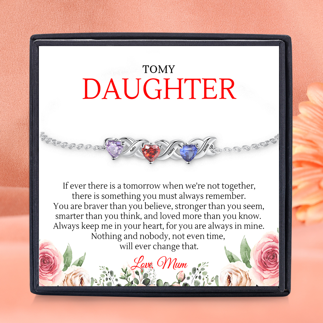 Personalised Bracelet With 3 Heart Birthstones Engraved Names Bracelet Gift For Women-Jessemade AU