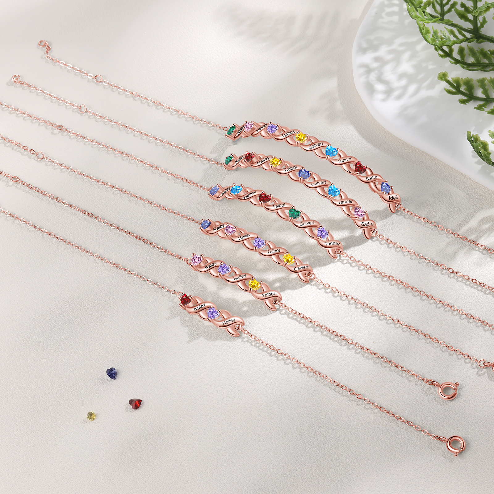 Family Custom Bracelet Heart Personalised with 4 Birthstones Gift Box Set-Jessemade AU