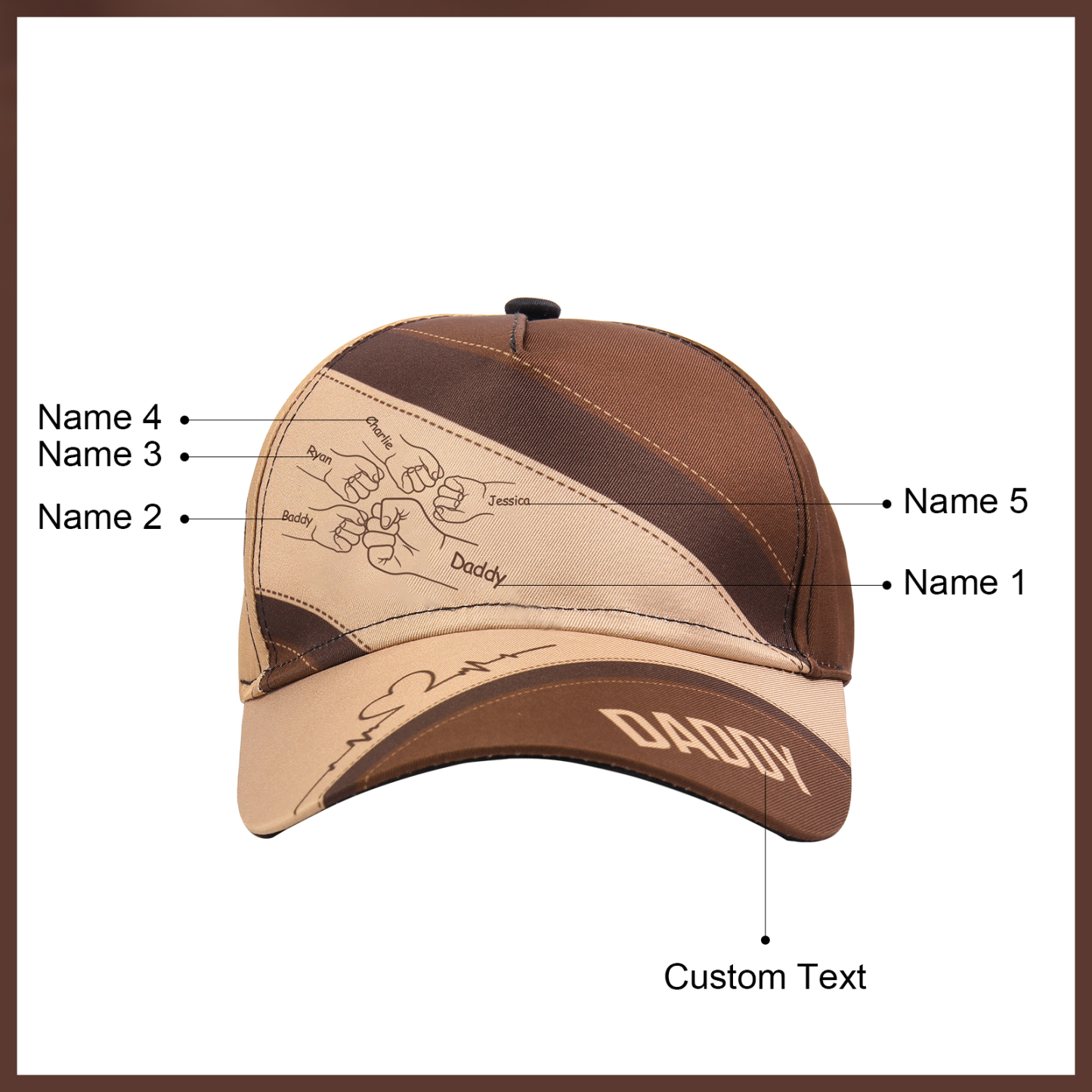 Personalised Fist Bump Classical Baseball Cap Custom 5 Names & 1 Text Snapback Adjustable Gift for Dad/Grandpa/Husband-Jessemade AU