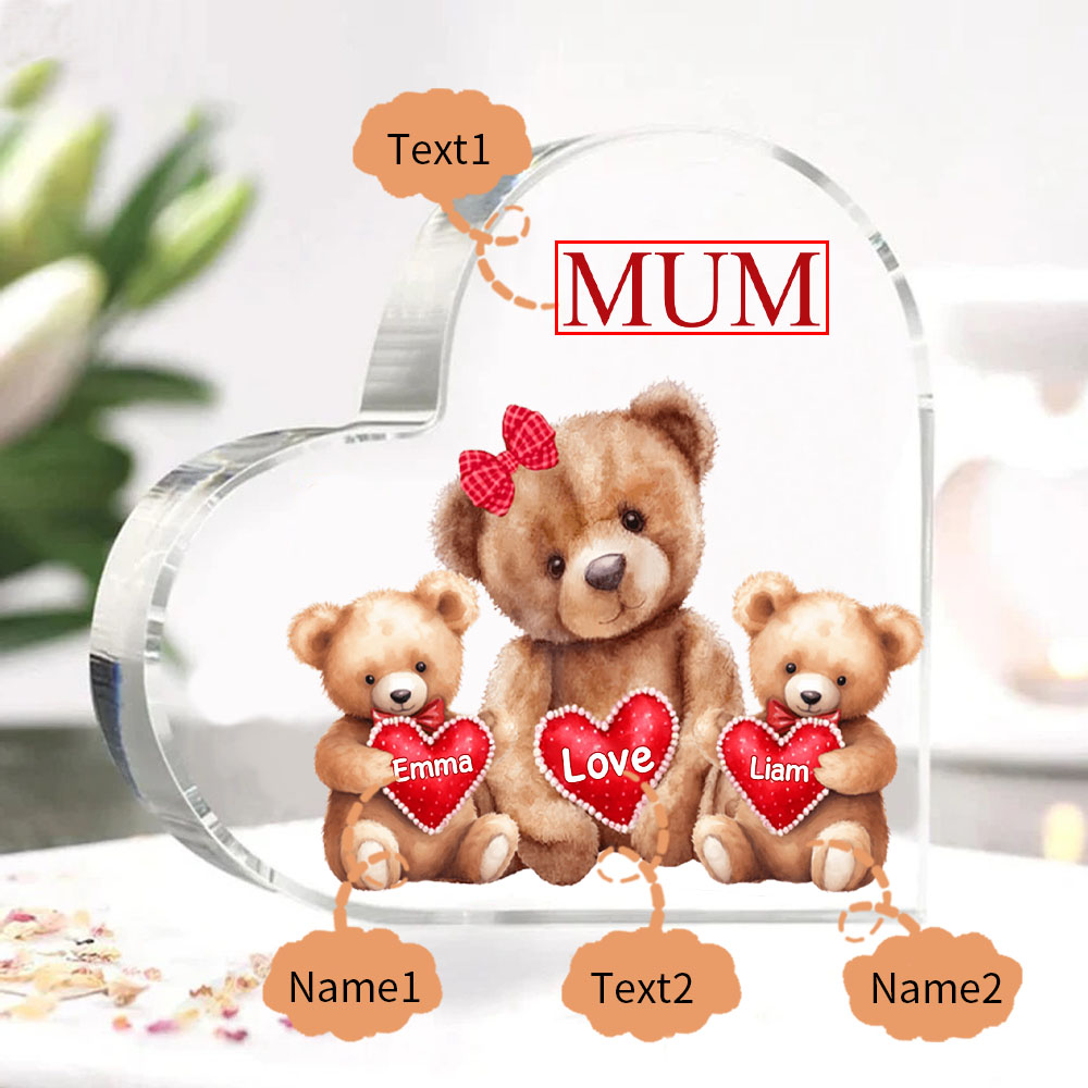 2 Names - Personalised Acrylic Heart Keepsake Custom Texts Teddy Bear Ornaments Gifts for Grandma/Mother-Jessemade AU