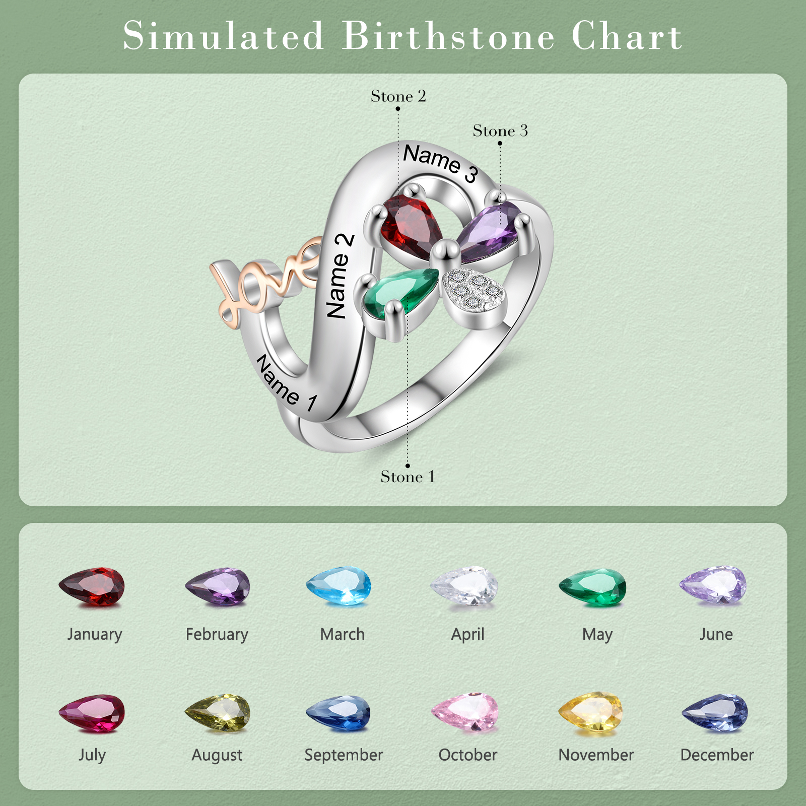 Personalised Butterfly Ring Custom 3 Birthstones Love Ring Gifts For Her-Jessemade AU