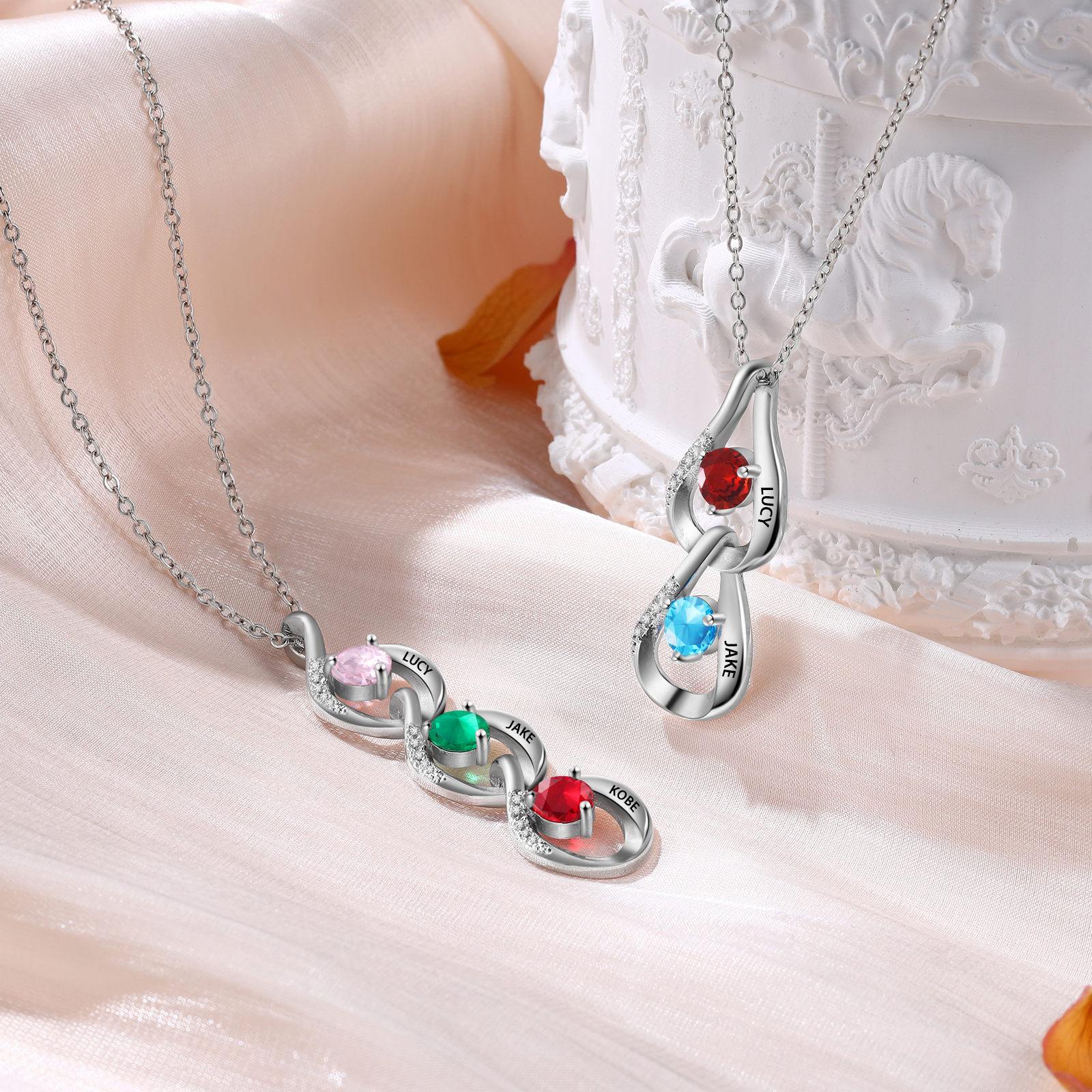 Personalised Teardrop Pendant Necklace Custom 2 Birthstones & 2 Names Necklace