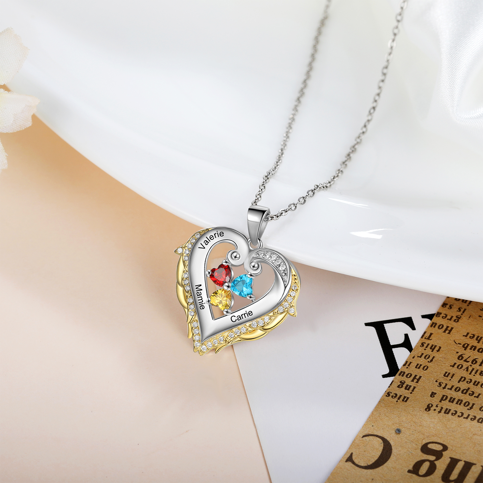 Personalised Heart Wings Necklace With 3 Birthstones Custom Names Gift For Her-Jessemade AU