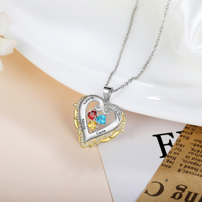 Personalised Heart Wings Necklace With 3 Birthstones Custom Names Gift For Her-Jessemade AU
