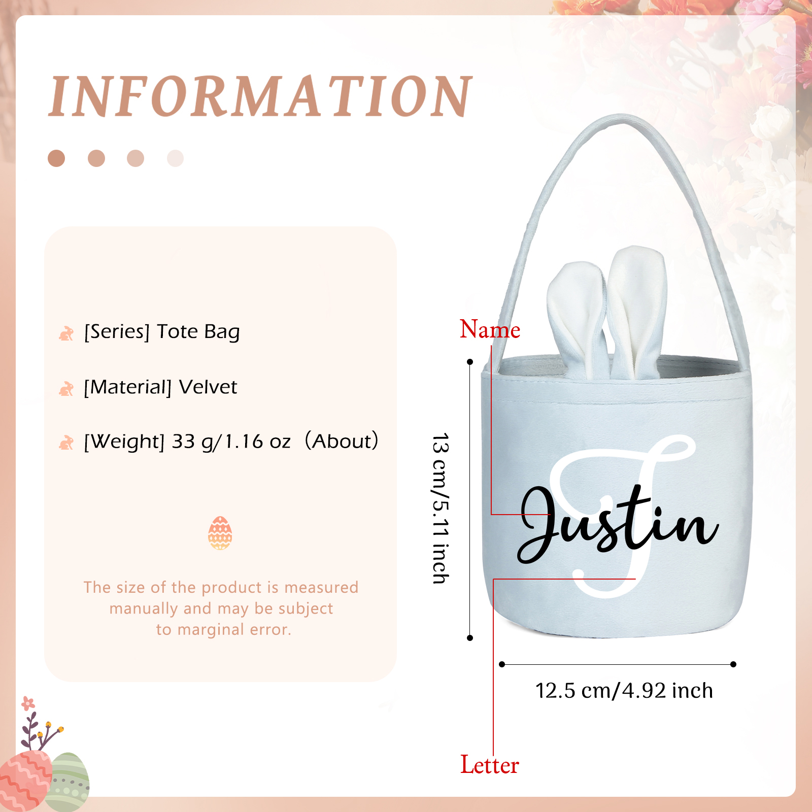 Personalised Bunny Tote Bag Customised with Name & Letter Bucket Bag Bunny Basket Easter Gifts-Jessemade AU