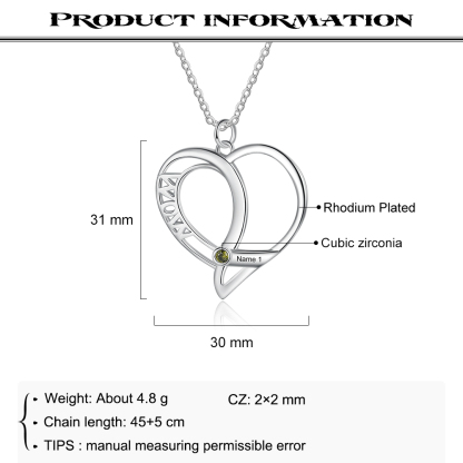 Personalised Heart Necklace With 1 Birthstone Engraved Names Gift For Mother-Jessemade AU