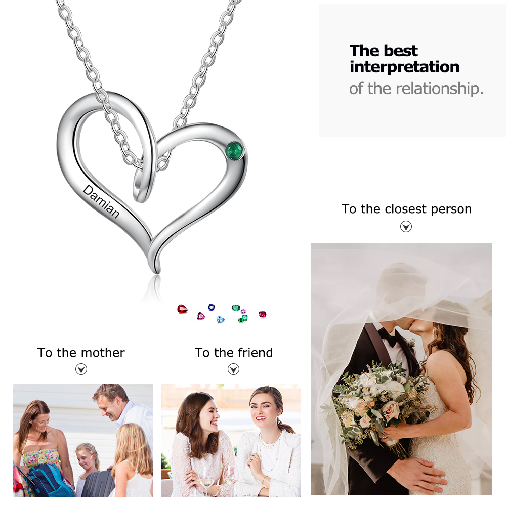 Personalised Heart Necklace With 1 Birthstone Engraved Names Gift For Her-Jessemade AU