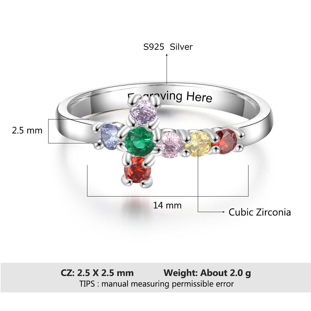 S925 Silver Ring Personalised 7 Birthstones Cross Ring With Names Gifts For Her-Jessemade AU