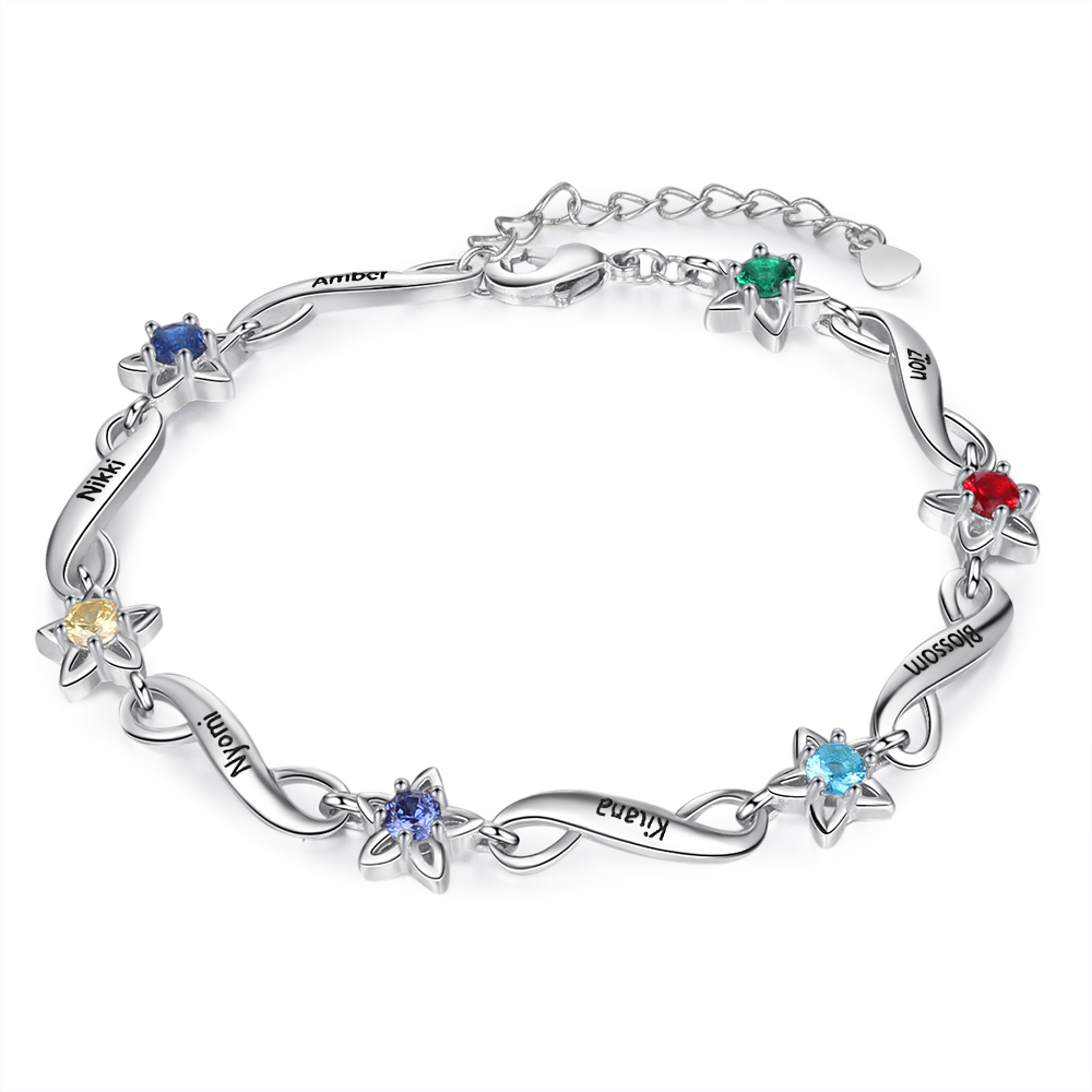 Personalised Star Bracelet With 6 Birthstones Engraved Names Bracelet Gift For Women-Jessemade AU