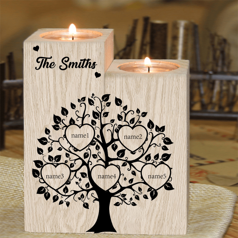 Family Name Wooden Heart Candle Holder Custom 5 Names Family Tree Candlesticks-Jessemade AU