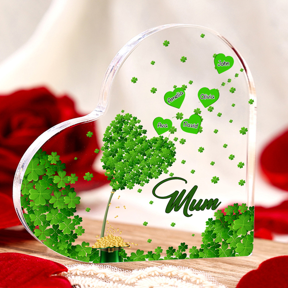 5 Names - Personalised Acrylic Heart Keepsake Custom Text Four-Leaf Clover Ornament Gift for Mother/Grandma-Jessemade AU