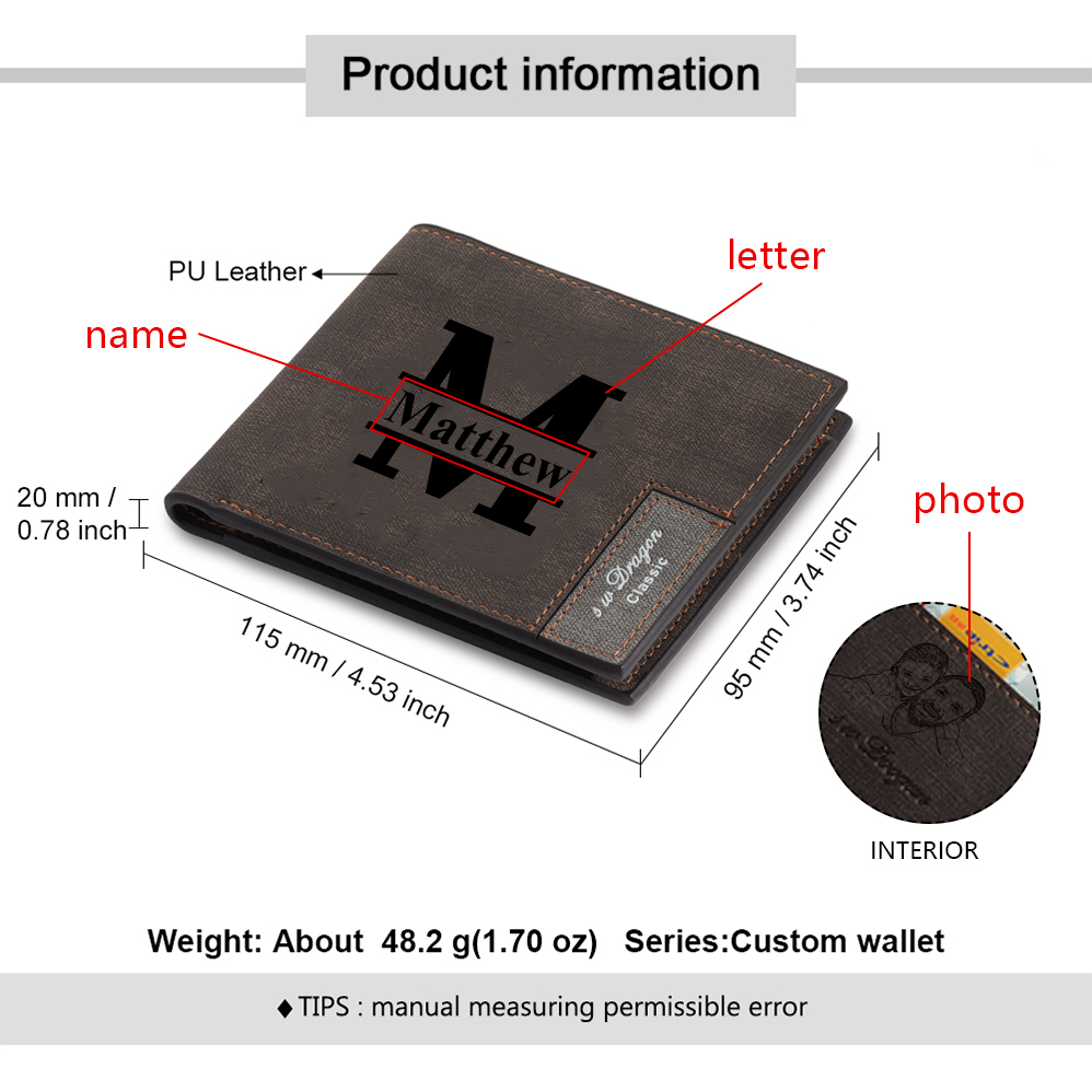 Personalised Letter & Name & Photo Billfold Wallet Custom Men's Leather Wallet Gifts for Him Dark Brown-Jessemade AU