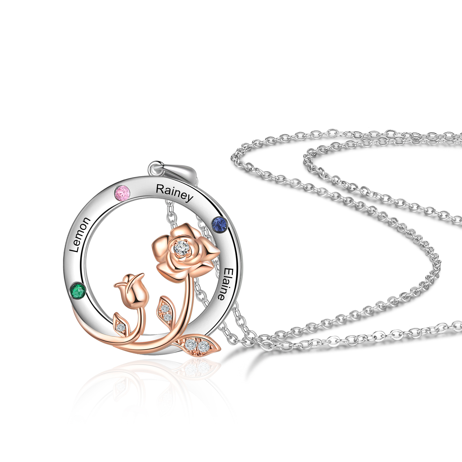 Personalised Rose Flowers Necklace With 3 Birthstones Engraved Names Necklace Gift For Women-Jessemade AU