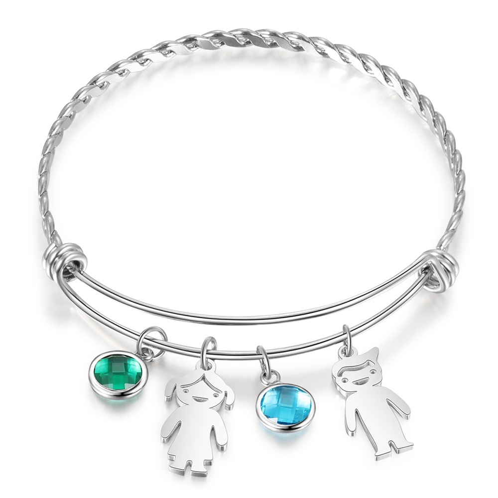 Mother's Day Personalised Kid Charms Bangle Bracelet With Names Customised 2 Birthstones Gift For Women-Jessemade AU