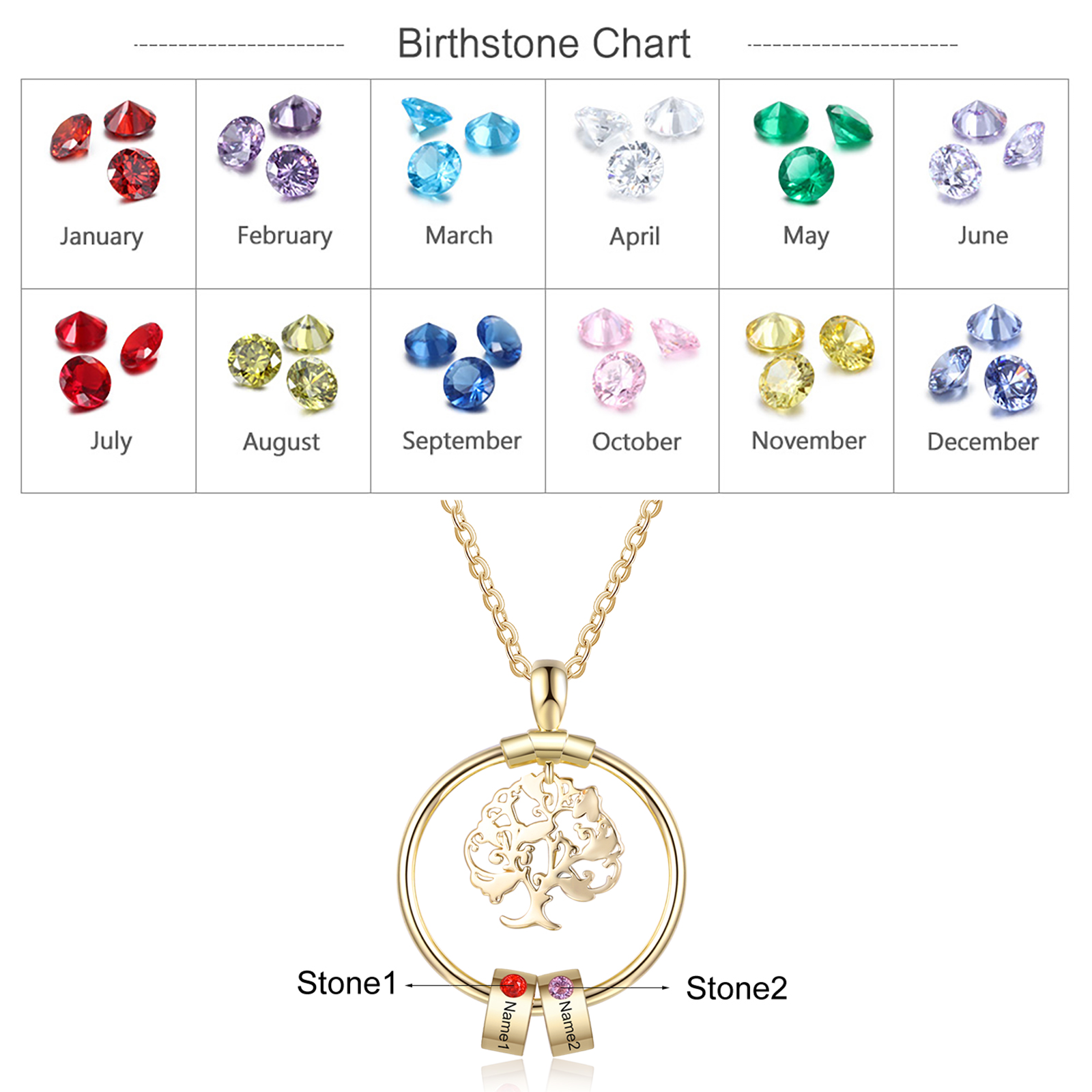 Personalised Family Tree Necklace With 2 Birthstones Engraved Names Gift For Mother-Jessemade AU