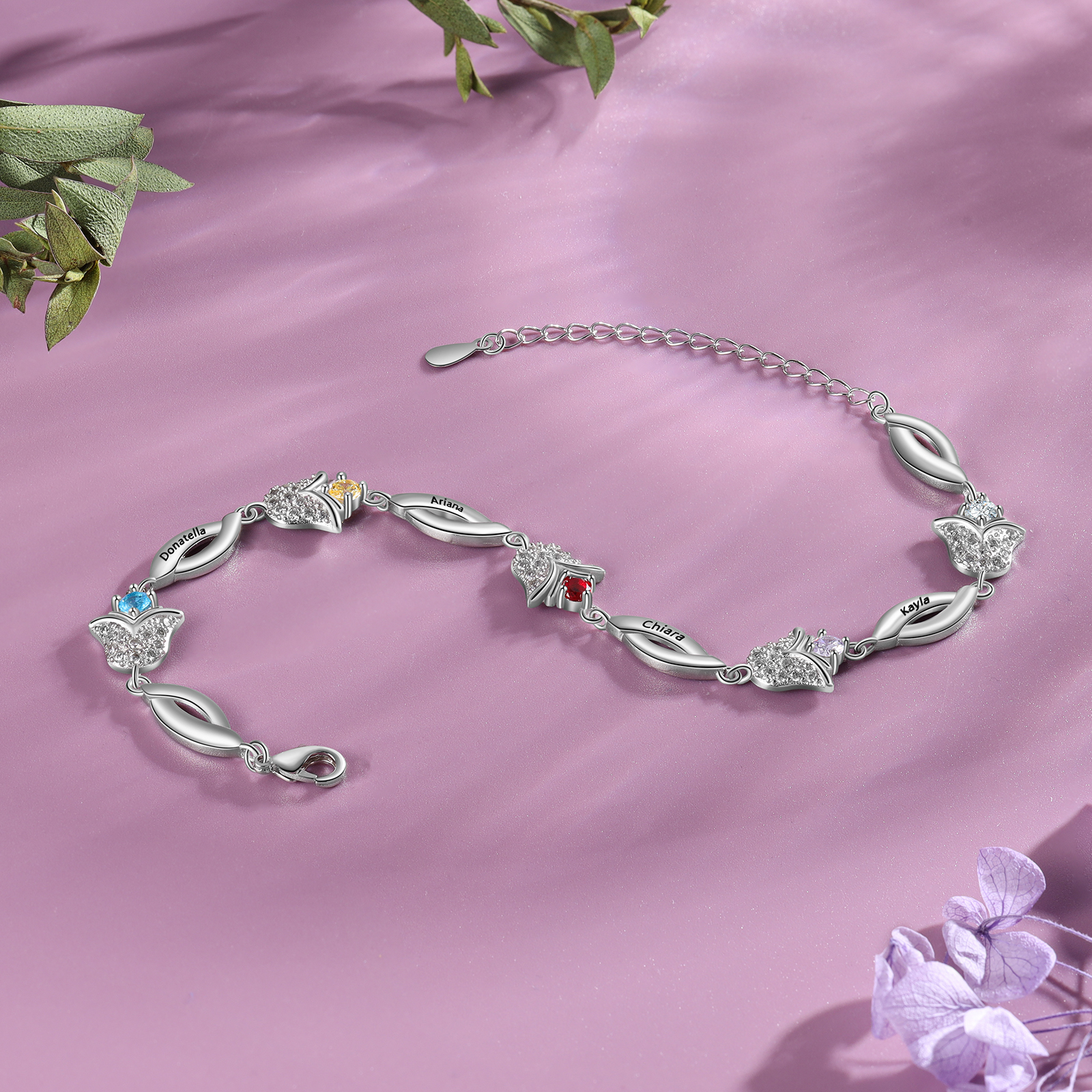 Flowers Series Personalised Tulip Bracelet With 4 Birthstone Engraved Names Flowers Charm Gifts For Her-Jessemade AU