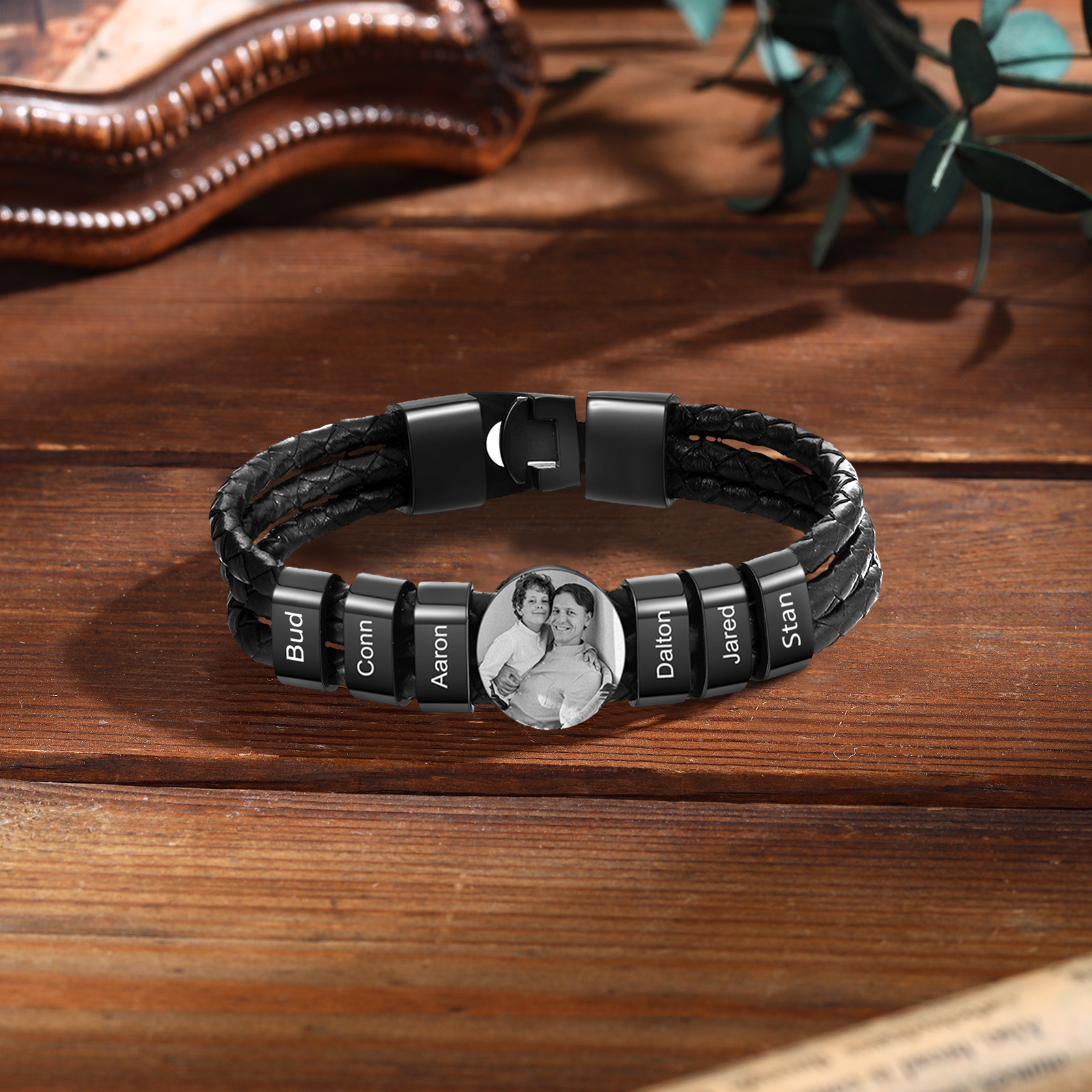 Personalised Men's Leather Bracelet Custom 6 Names & 1 Photo Braided Bracelet Father's Day Gifts for Him-Jessemade AU