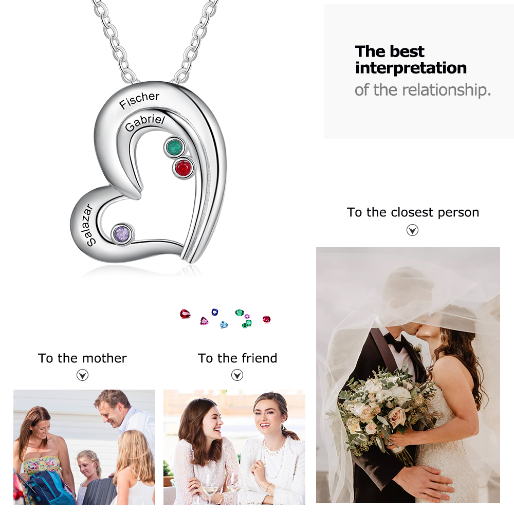 Personalised Heart Necklace With 3 Birthstones Engraved Names Gift For Her-Jessemade AU