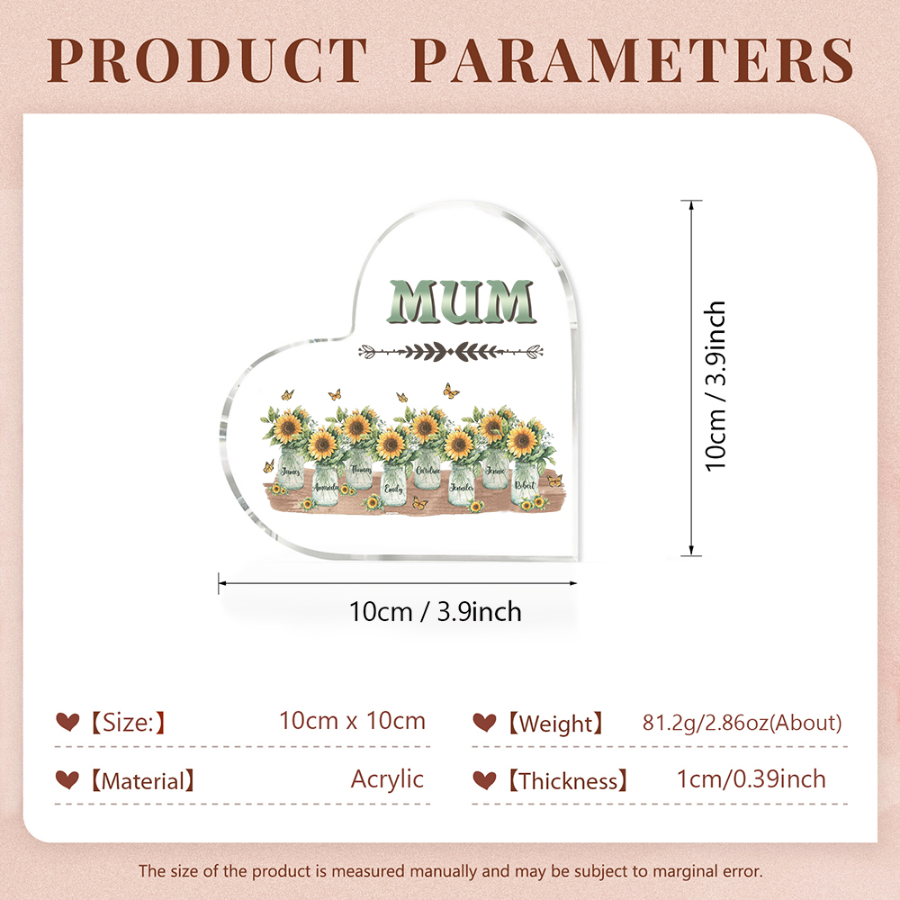 Personalised Acrylic Heart Keepsake Custom 8 Names & 1 Text Sunflower Vase Ornament Gifts for Mother/Grandma-Jessemade AU