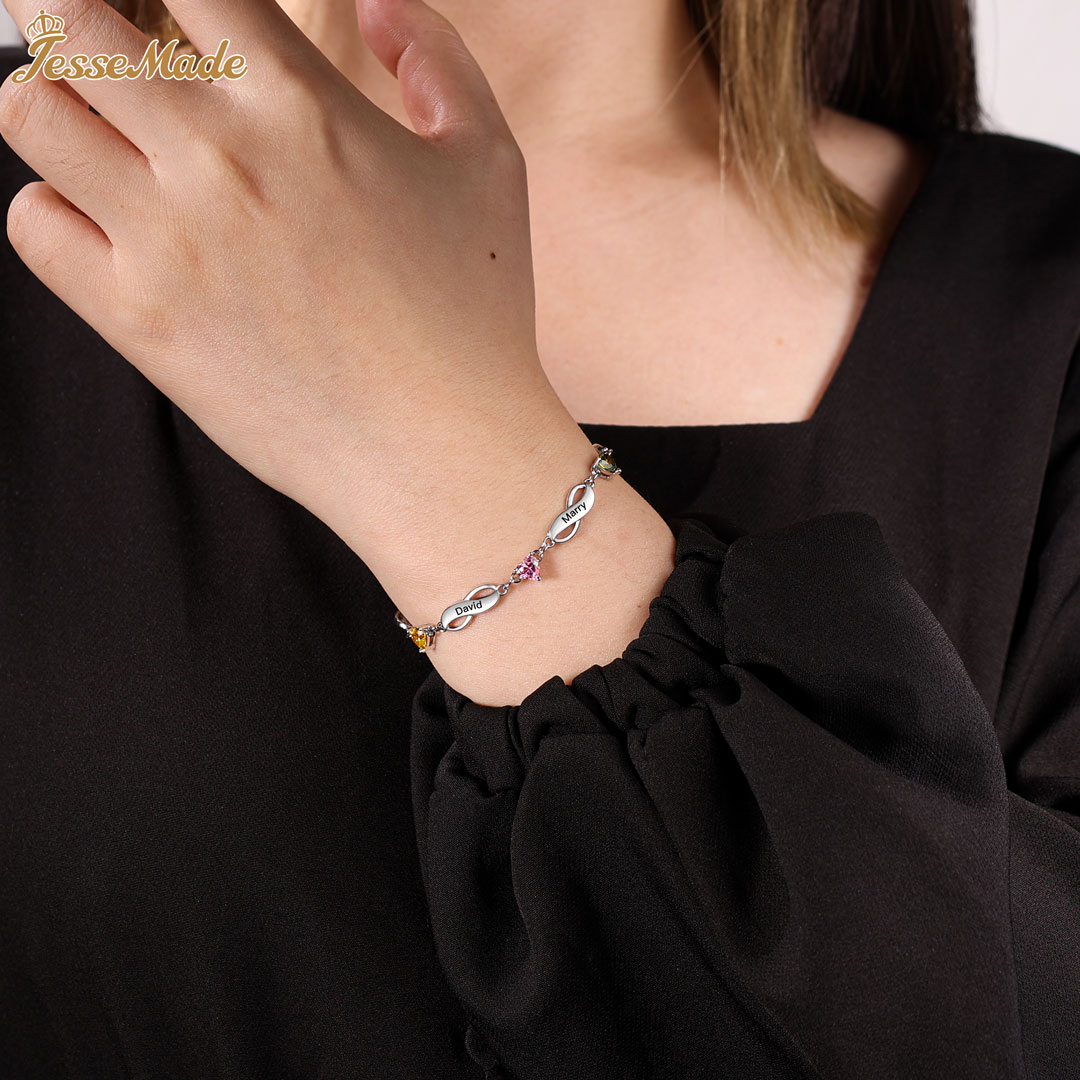 Personalised Bracelet With 6 Birthstones Engraved Names Bracelet Gift For Women-Jessemade AU