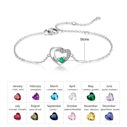 Personalised Heart Bracelet With 1 Birthstone Engraved Names Bracelet Gift For Women-Jessemade AU
