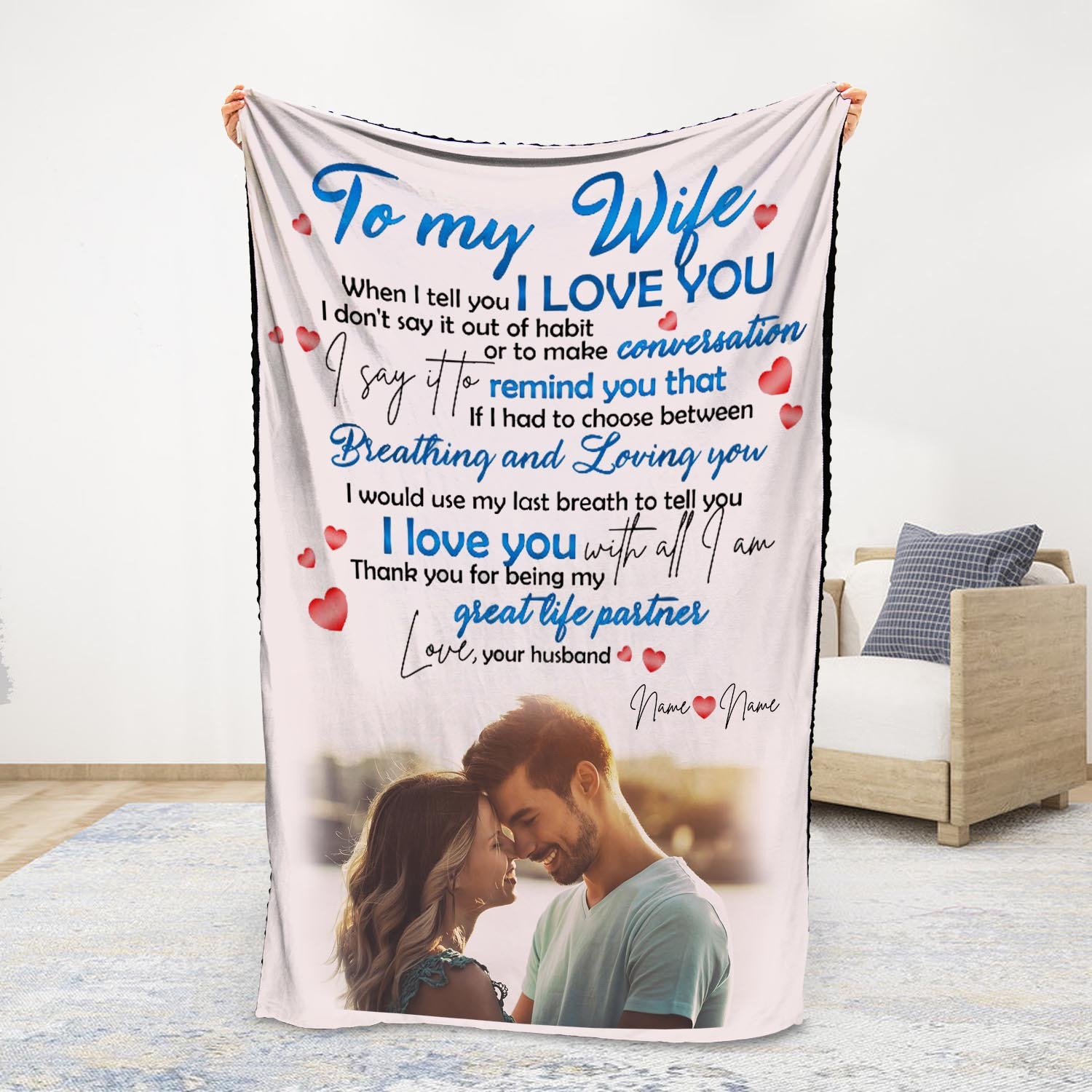 To My Wife Personalised Couple Blanket Engrave Photo Sweet Gift For Her "Thank you for being my great life partner"-Jessemade AU