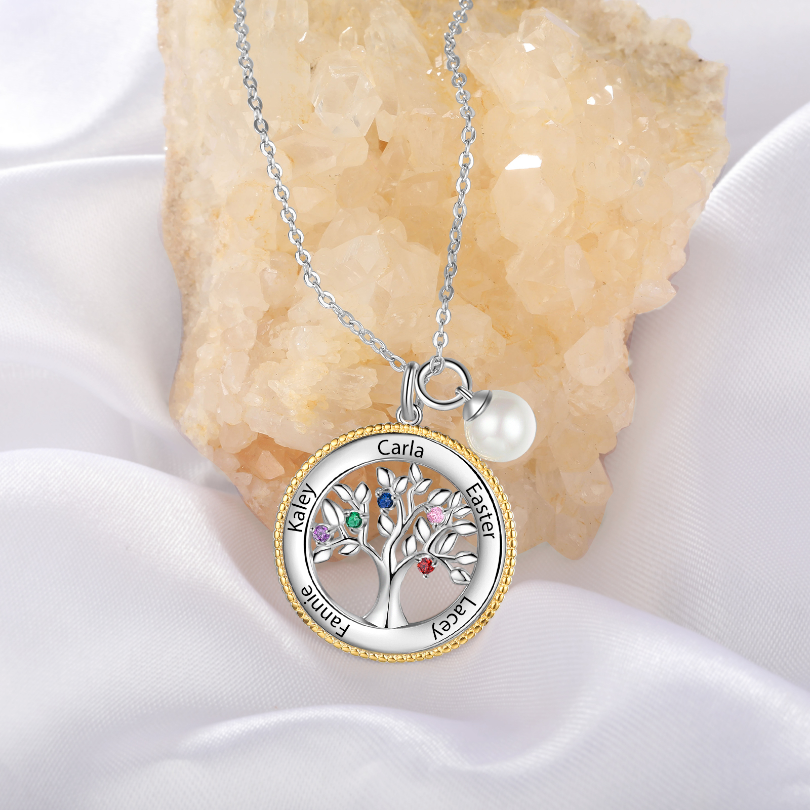 Personalised Family Tree Necklace With 5 Birthstones Engraved Names Necklace Gift For Women-Jessemade AU
