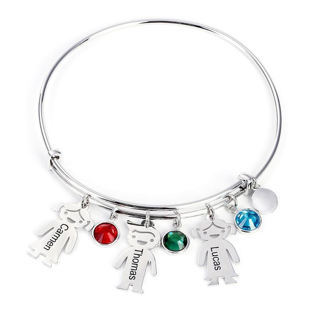 Personalised Kids Charm Bracelet With 3 Birthstones Engraved Names Adjustable Bracelet Gift For Her-Jessemade AU