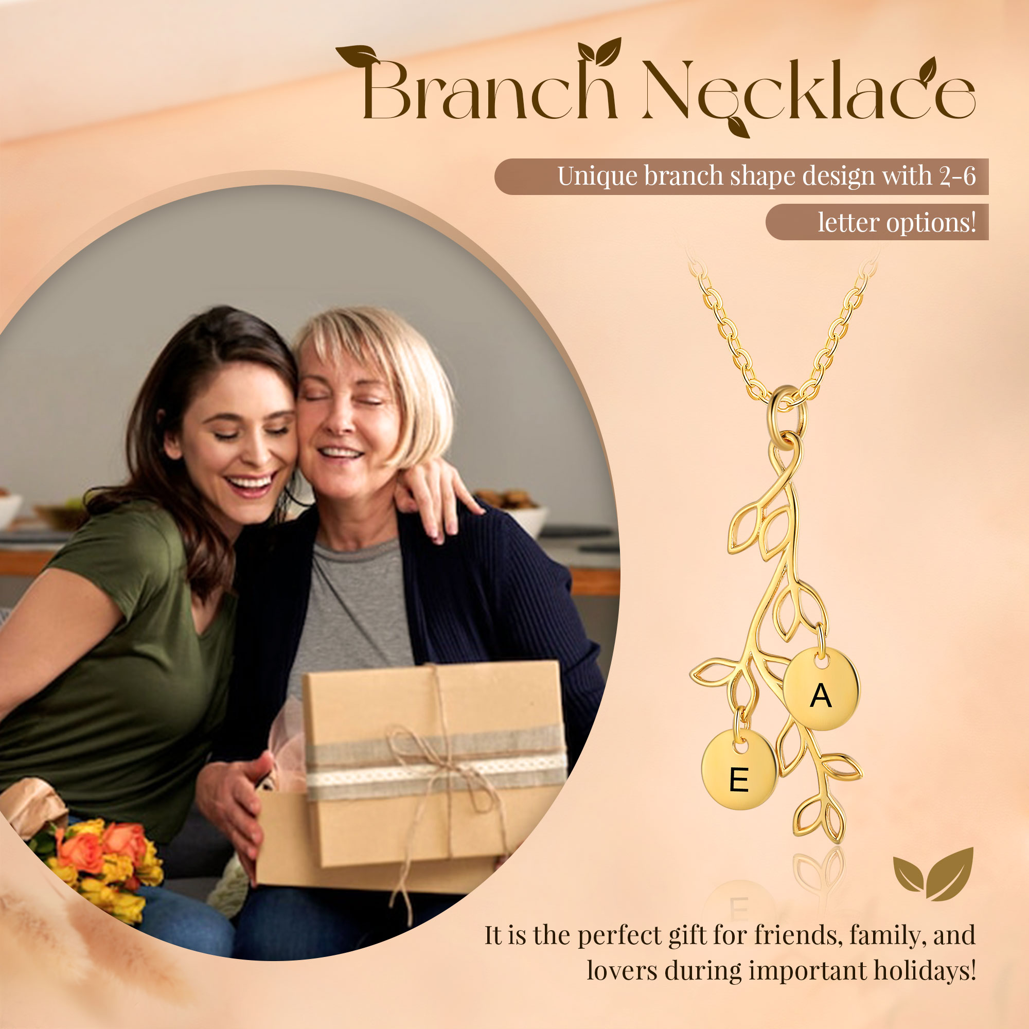 Personalised Branches Pendant Necklace Custom 2 Letters Circle Charm Necklace Gold Birthday Gift for Her-Jessemade AU