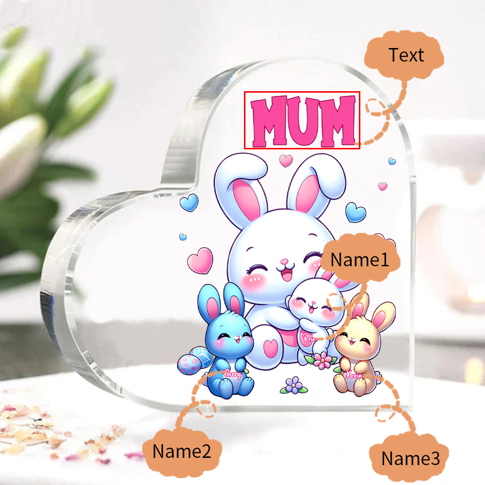 Personalised Text Acrylic Heart Keepsake Custom 3 Names Ornament Bunny Family Gifts For Mother/Grandma-Jessemade AU
