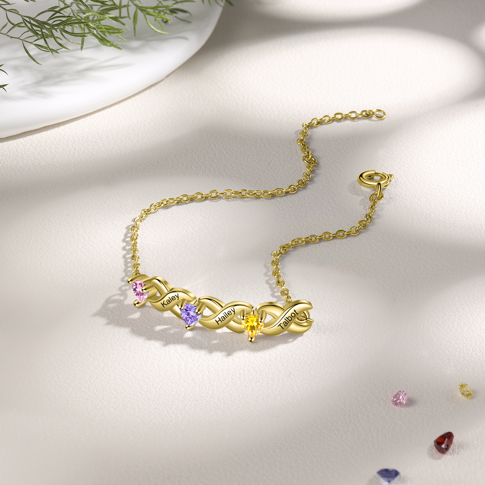 Family Custom Bracelet Heart Personalised with 3 Birthstones Gift Box Set-Jessemade AU