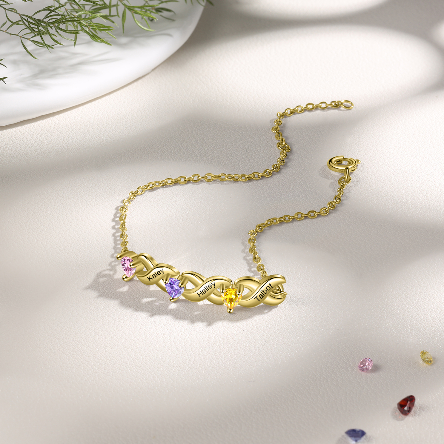 Family Custom Bracelet Heart Personalised with 3 Birthstones Gift Box Set-Jessemade AU