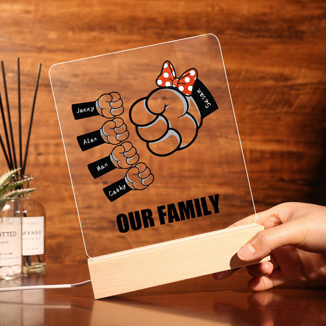 5 Names - Personalised Acrylic Night Light Custom Names & Text Fist Bump LED Lamp Gifts for Family-Jessemade AU