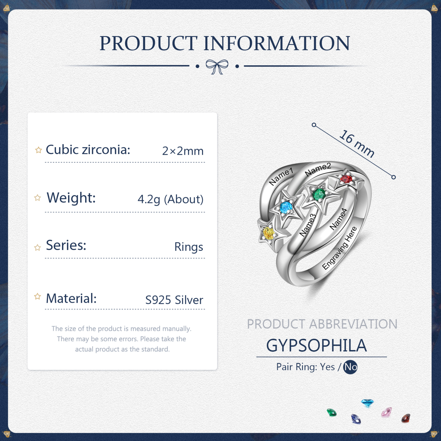 Personalised Star Ring With 4 Birthstones Engraved Names Ring Gift For Women-Jessemade AU