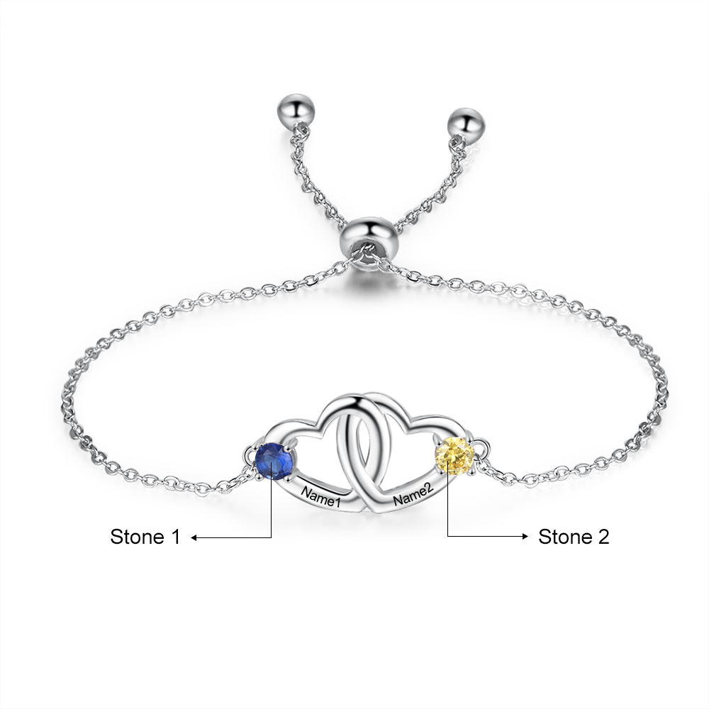Personalised Heart Bracelet With 2 Birthstones Engraved Names Bracelet Gift For Women-Jessemade AU