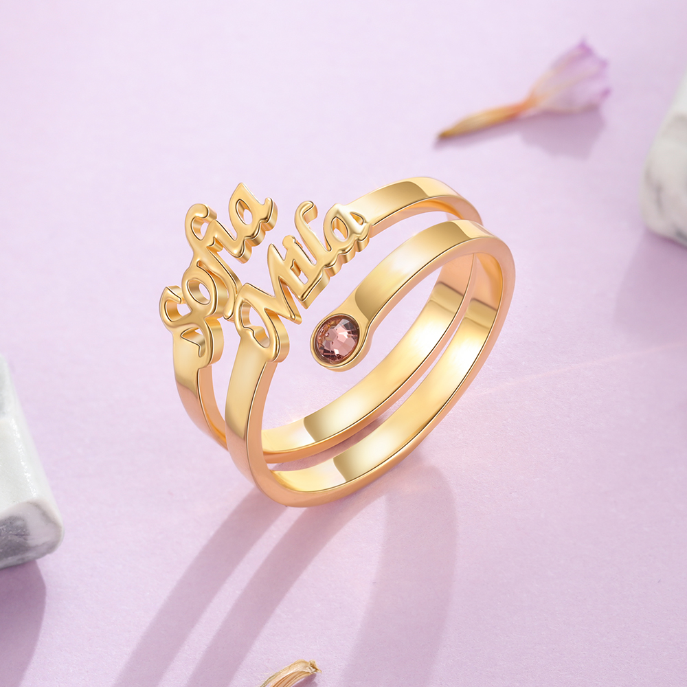 Personalised Birthstone Mother Ring Custom 2 Names Ring Gifts For Her-Jessemade AU