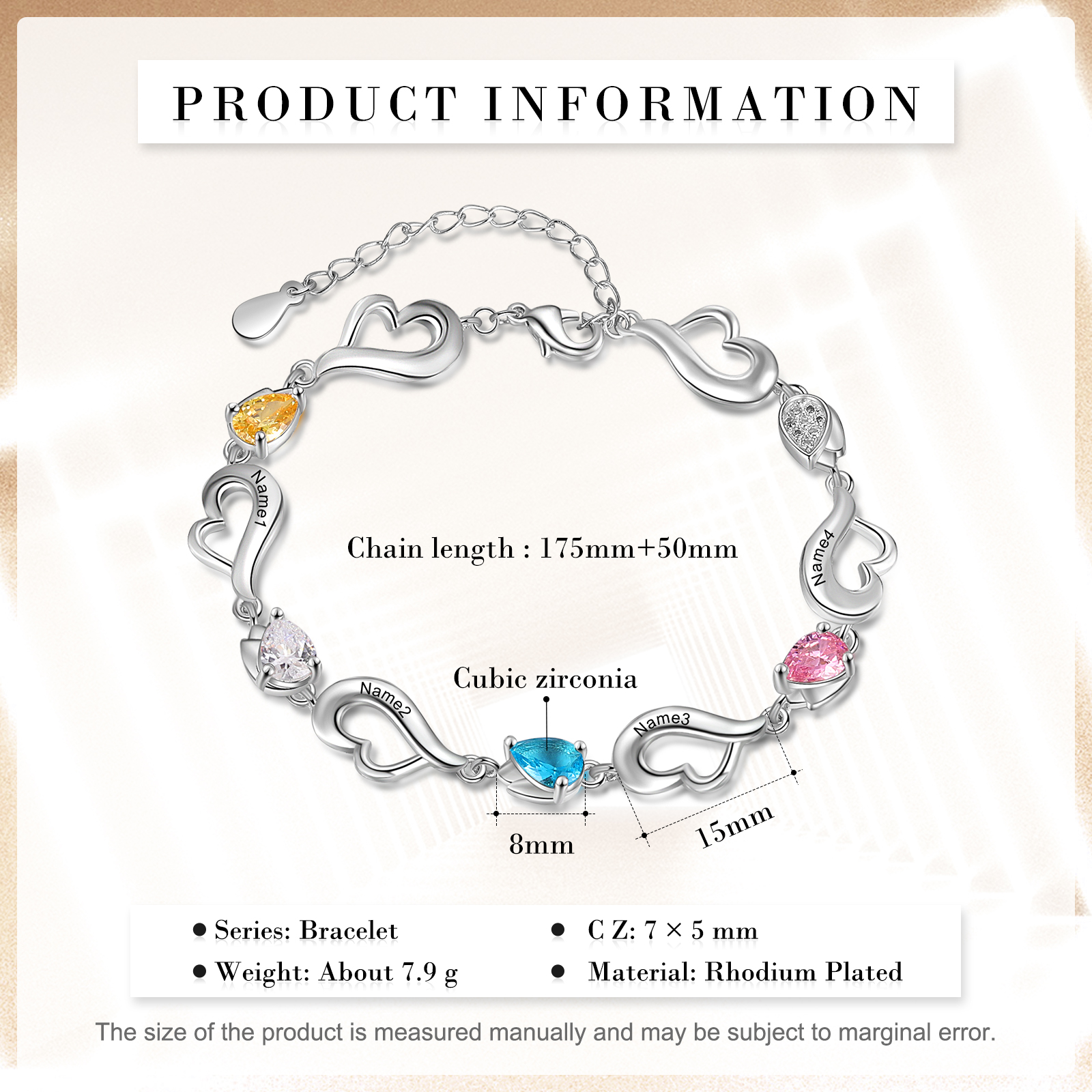 Personalised Heart Bracelet With 4 Birthstones Engraved Name Bracelet Gifts For Her-Jessemade AU