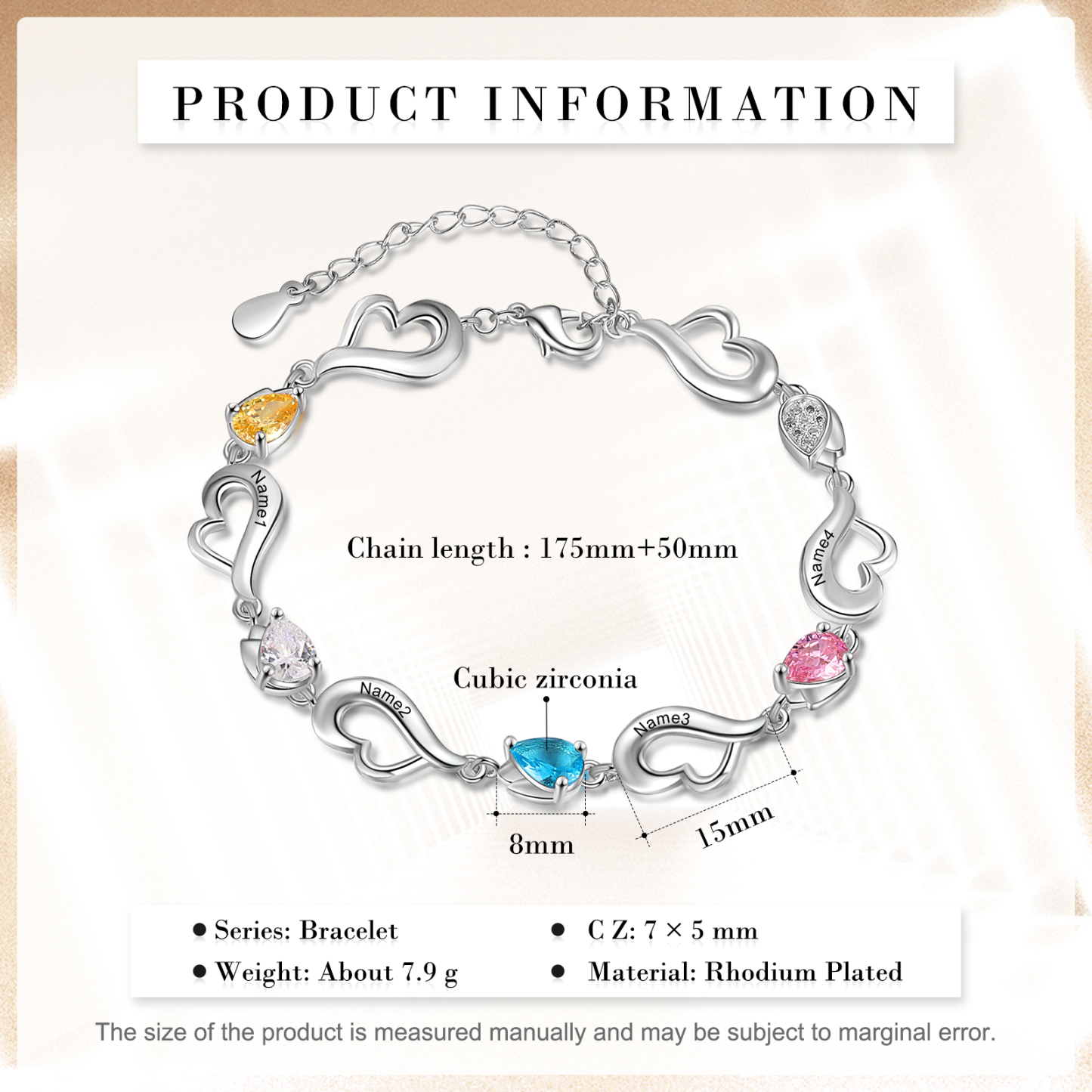 Personalised Heart Bracelet With 4 Birthstones Engraved Name Bracelet Gifts For Her-Jessemade AU