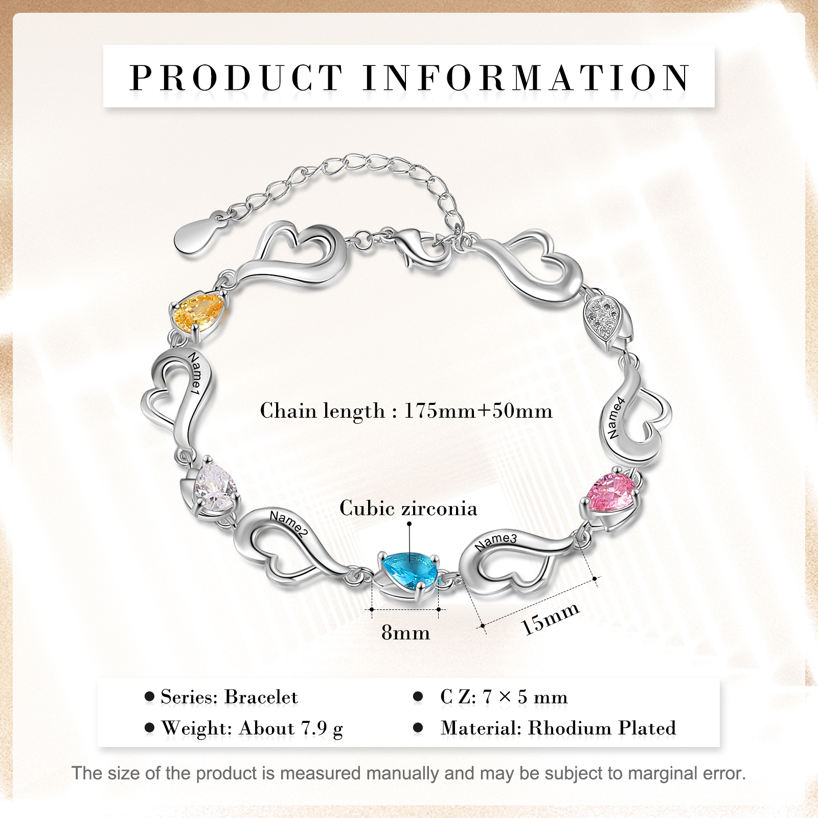 Personalised Heart Bracelet With 4 Birthstones Engraved Name Bracelet Gifts For Her-Jessemade AU