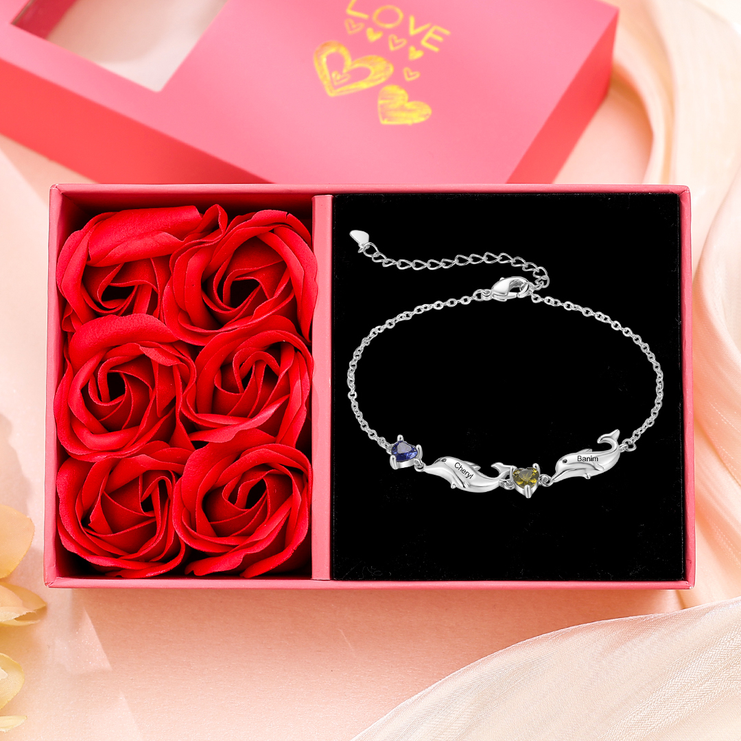 Dolphin Bracelet Personalised 2 Birthstones & 2 Names Women Bracelet-Jessemade AU